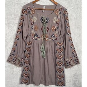 Womens Boho Embroidered Tunic Top Dress Gray Monoreno Long Sleeves Small Tassels